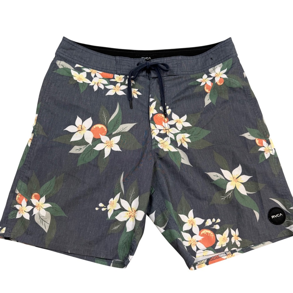 RVCA Mens Floral Citrus Board Shorts Grey Orange Hemp Blend Size 31 Swim Trunks